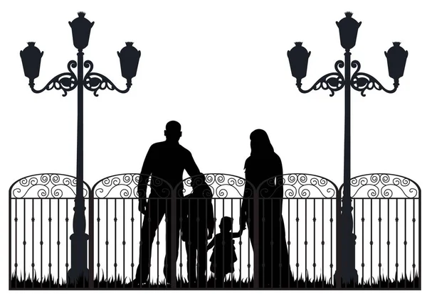 Silhouette Family Fence Lantern Isolated Vector — Stock Vector