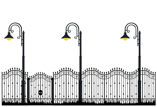 Clôture Silhouette Noire Lanternes Brûlantes — Image vectorielle