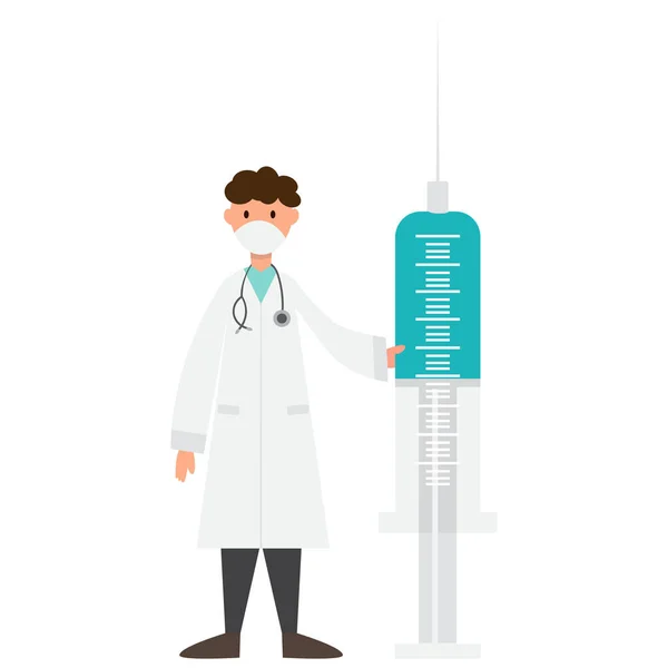 蒙面医生 用大注射器和疫苗隔离 — 图库矢量图片