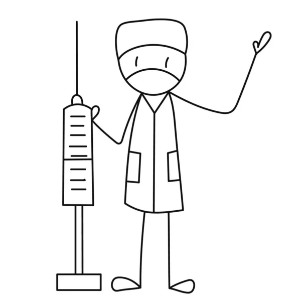 Vector Isolated Stick Figure Syringe Doctor — Stock Vector