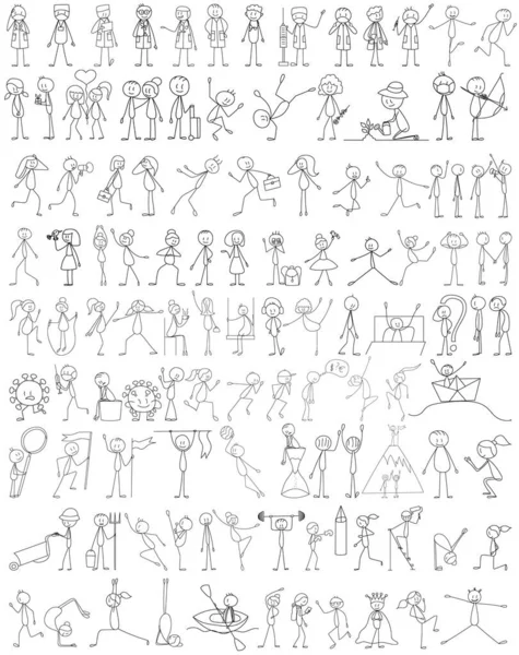 Vector Isolated Stick Figures People Line Drawing Set — Stock Vector