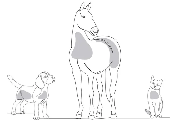 Gatto Cane Cavallo Una Linea Disegno Schizzo — Vettoriale Stock