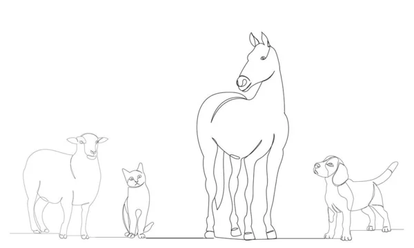 Solo Línea Continua Dibujo Mascotas Caballo Perro Gato Oveja — Vector de stock