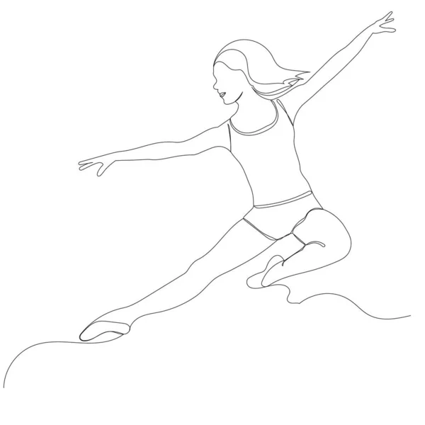 Chica Saltando Bailando Dibujo Por Una Línea Continua Boceto — Archivo Imágenes Vectoriales