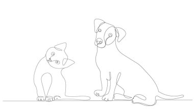 Yavru kedi ve köpek tek sıra halinde oturuyor.