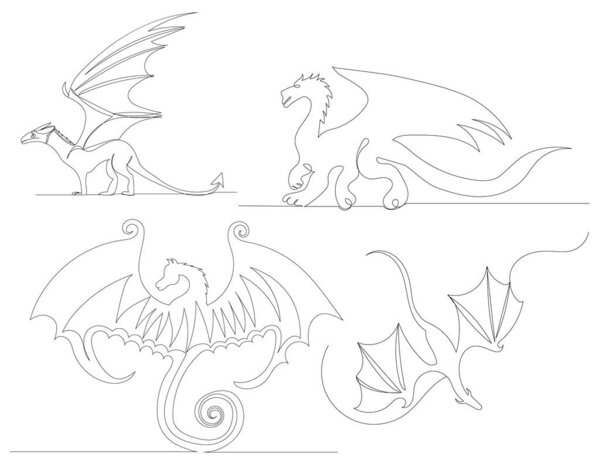 set of dragons drawing by one continuous line, isolated