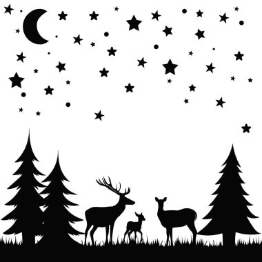 Beyaz arka planda, ormanda bir geyiğin siyah silueti.