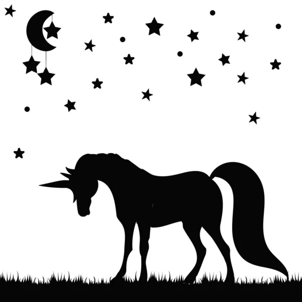 Silueta Negra Unicornio Luna Estrellas Aisladas Vector — Archivo Imágenes Vectoriales