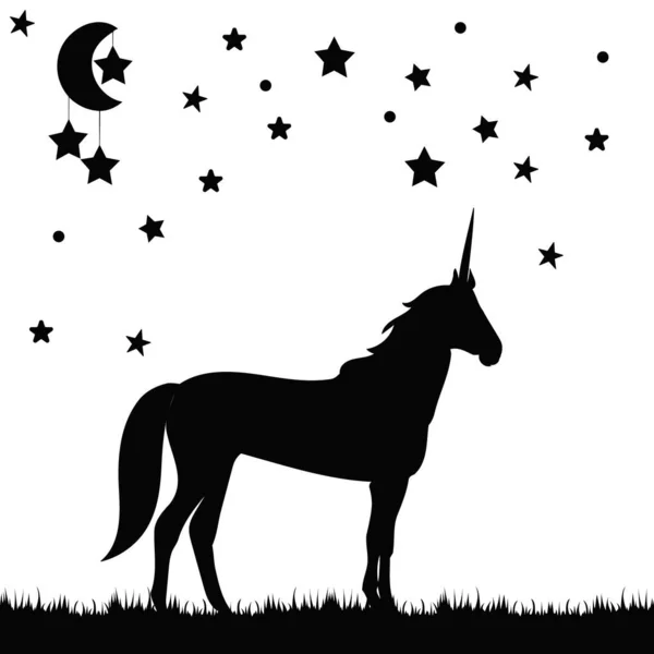 Silhouette Noire Licorne Lune Étoiles — Image vectorielle