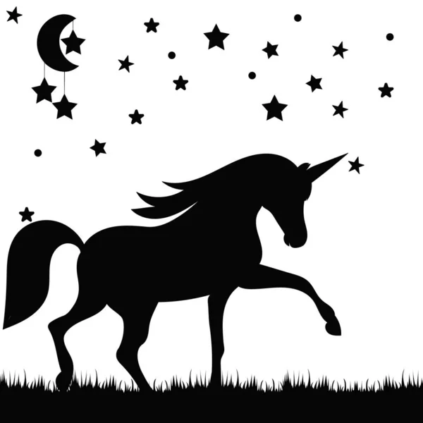 Silhouette Noire Licorne Lune Étoiles Vecteur — Image vectorielle