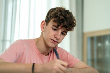 young teenager boy writing on a study day