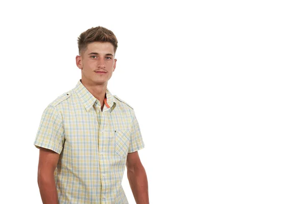 Portrait of a young handsome man with mustache and dressed in plaid shirt — Stock Photo, Image