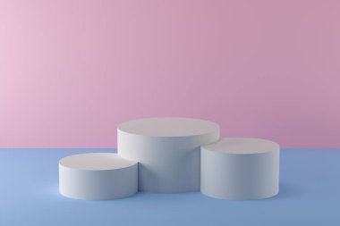 3D minimalist podyum, açık mavi ve pembe pastel renkler ve üç silindirli bir taban.