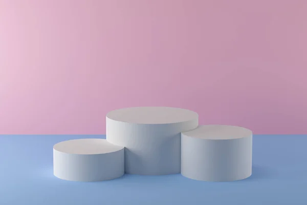 3D vykreslení minimalistický pódium s světle modré a růžové pastelové barvy se třemi válci jako základ — Stock fotografie