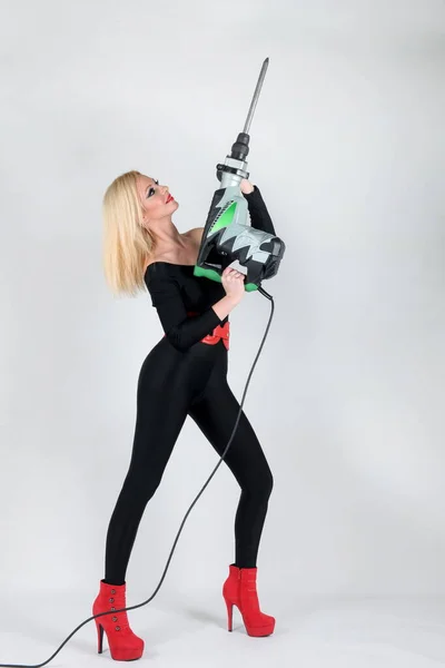 Woman Makes Repairs Tool Young Sexy Woman Stands White Wall — Stock Photo, Image