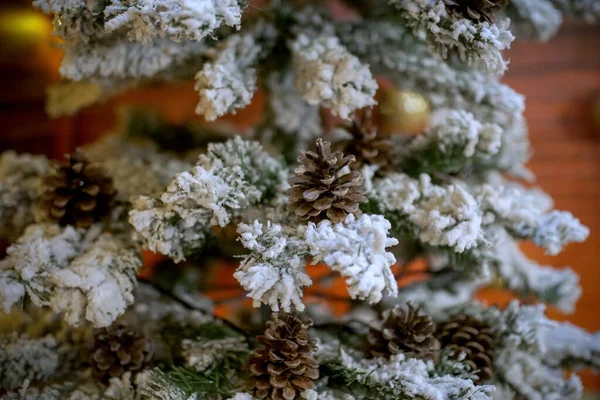 Primo Piano Albero Natale Con Neve Cui Appendono Coni Coni — Foto Stock