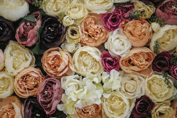 Ściana Różnymi Kwiatami Tła Faktury Tapety Dekoracja Ślubna Strefa Fotograficzna — Zdjęcie stockowe