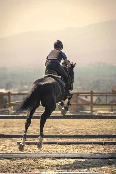 Lovas Sport Fekete Közeledik Ugrás Lövés Hátulról Jockey Lovaglás Egy — Stock Fotó