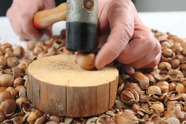 Eine Frau Mit Dem Hammer Der Hand Knackt Haselnüsse — Stockfoto