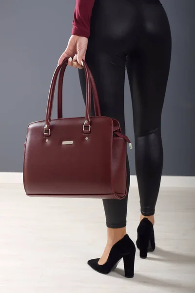 Fashionable Girl Wearing Leggings Holding Brown Elegant Bag — Stock Photo, Image