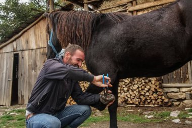 Usta kıskaç uzatılmış tırnağı çıkarır. Bir nalbant, hayvana at nalı yapmadan önce onu temizlemek için at ayağı üzerinde çalışır.