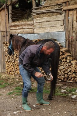 Usta kıskaç uzatılmış tırnağı çıkarır. Bir nalbant, hayvana at nalı yapmadan önce onu temizlemek için at ayağı üzerinde çalışır.