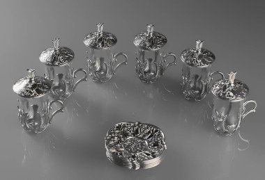 Altı tane boş çay seti. Gri arkaplanda geleneksel Arapça süslemeli çay fincanları