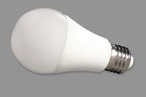 Żarówka Led Energooszczędna Lampa Stole Szarym Tle Koncepcja Oszczędności Energii — Zdjęcie stockowe