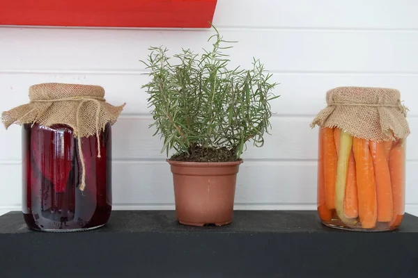 Glass Jars Beets Carrots Black Wooden Shelf Jars Set Flower — Stock Photo, Image
