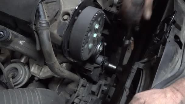 Автомеханик Меняет Резиновый Ремень Контроль Автосервисе — стоковое видео