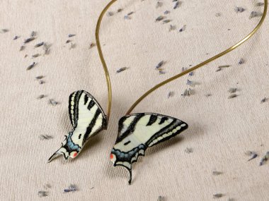 Handmade copper jewelry in the shape of butterfly from the genus Papilio alexanor. Handmade jewelry