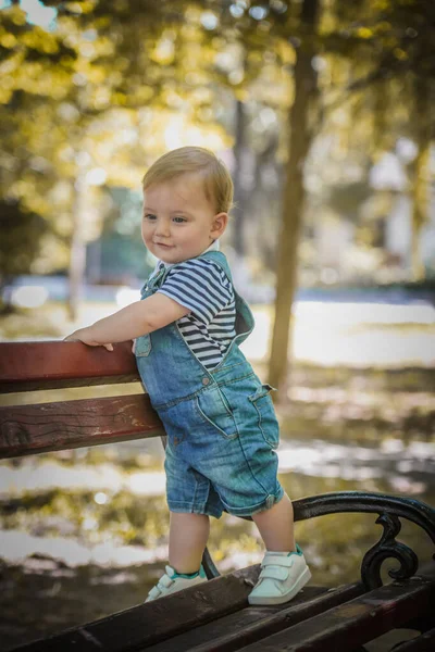 Kid Konzept Emotionen Netter Kleiner Junge Bleibt Park Und Schaut — Stockfoto