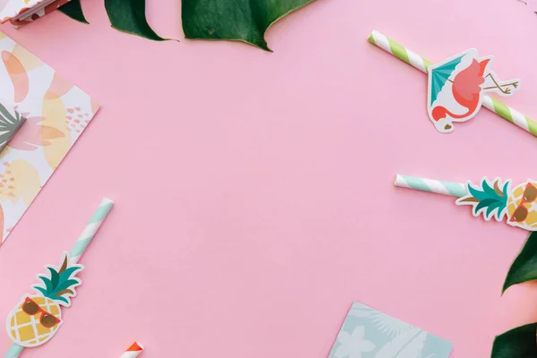 Flat Lay Summer tropical background. Workspace with supplies and fresh fruits. Top view, copy space