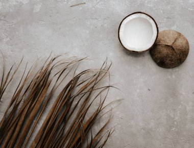 Kuru tropikal palmiyeli ve hindistan cevizli üst manzara. Durgun hayat Minimum tropikal yaz konsepti, bohem, karamsar 