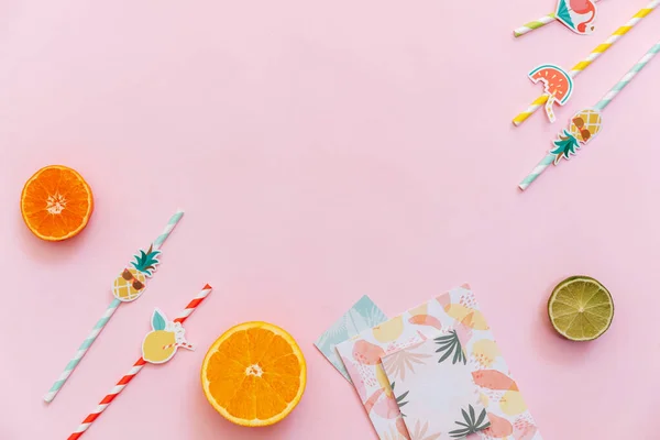Flat Lay Summer Tropical Background Workspace Supplies Fresh Fruits Top — Stock Photo, Image