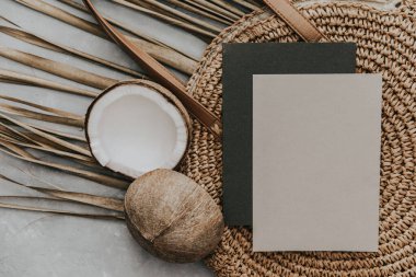 Yaratıcı yaz modellemesi. Tarafsız arka planda kurutulmuş palmiye yaprakları ve hindistan cevizi. Hayat asgari konsept. Düz konum, üst görünüm, kopyalama alanı, kare