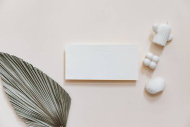 Minimal Summer kırtasiyesi hala hayat sahnesi. Boş bir kart ve bej renksiz arka planda tropikal palmiye yaprağı kullan. Boş tebrik kartı, düğün davetiyesi sahnesi. 
