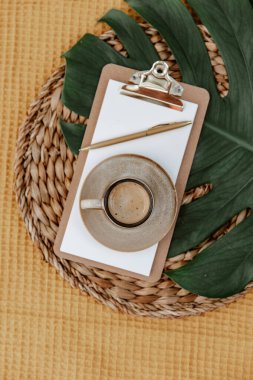 Kahveli ve yeşil yapraklı düz bir pano. Metin için yeri olan boş bir belge sahibi. Ofis kırtasiyesi. Blogger konsepti. Ofis çalışma alanı. Bağımsız 