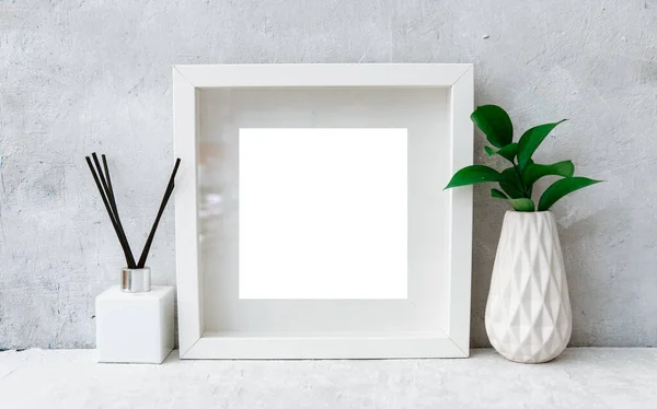 Mockup Branco Espaço Cópia Plantas Cartaz Convite Com Vazio Mesa — Fotografia de Stock