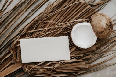 Yaz kırtasiyesi, boş kağıt kartı, taze hindistan cevizi ve taştan arkaplanda kuru palmiye yaprakları. En düşük boho Model daveti. 