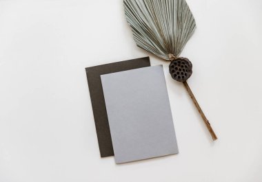 Minimal Summer kırtasiyesi hala hayat sahnesi. Boş bir kart ve bej renksiz arka planda tropikal palmiye yaprağı kullan. Boş tebrik kartı, düğün davetiyesi sahnesi. 