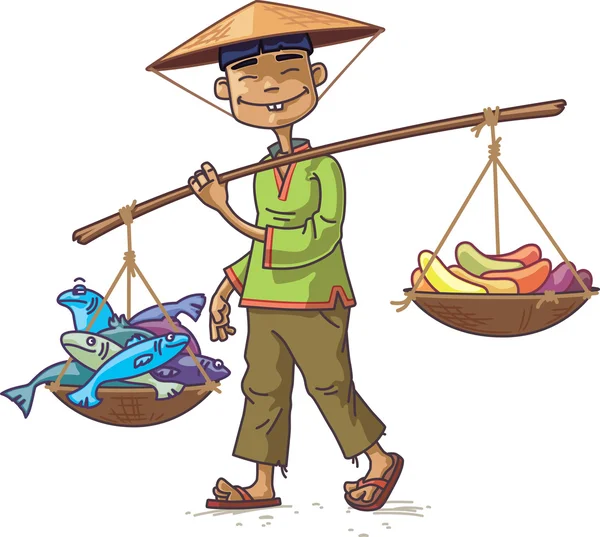 Aziatische koopman met verse vis en fruit — Stockvector