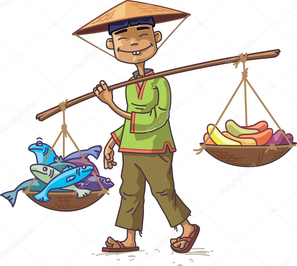 Asian Merchant with Fresh Fish and Fruits