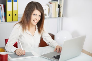 Bilgisayar ve kullanılan grafik tablet üzerinde çalışan fotoğraf editörü