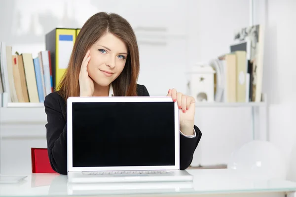 Mulher de negócios com um laptop mostrando algo na tela — Fotografia de Stock