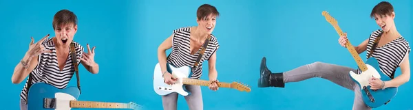 Banner Guitarrista Femenina Fondo Azul —  Fotos de Stock