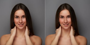 İşlemden önce-sonra. Kadın rötuştan önce ve sonra. Karşılaştırma portreleri