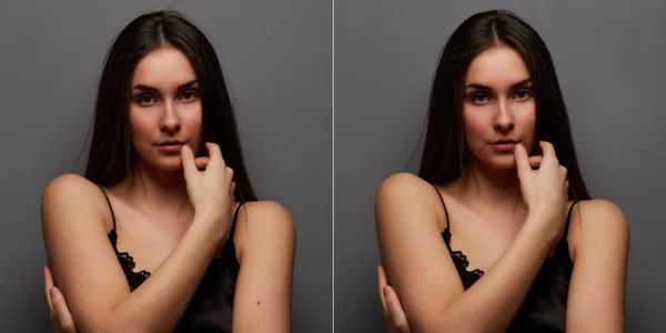 Şlemden Önce Sonra Kadın Rötuştan Önce Sonra Karşılaştırma Portreleri — Stok fotoğraf