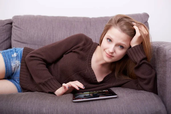 Happy Woman Watching Series Streaming Service Home Digital Tablet — Stock Photo, Image