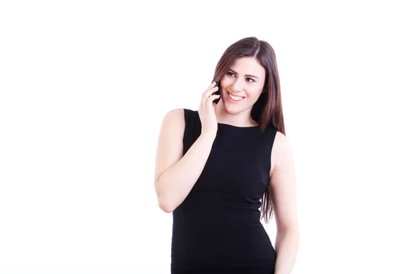 Genç kadın telefon görüşmesi izole portresi — Stok fotoğraf